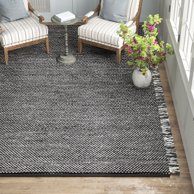 Tapis intérieur / extérieur noir tissé à plat à la main Kemarcus, Rectangle de 10 pi x 14 pi