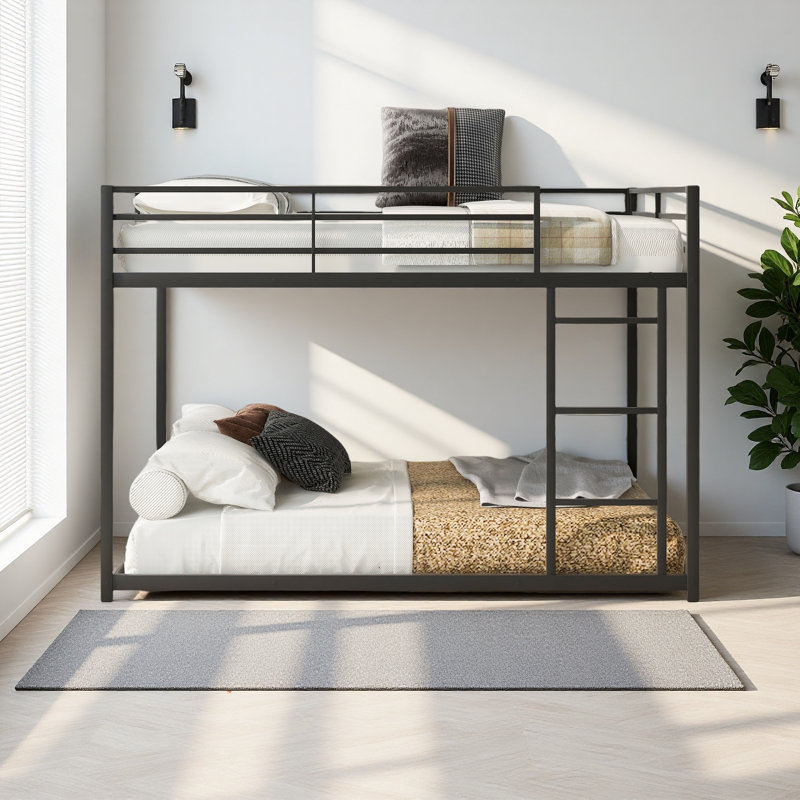 Full Over Full Metal Bunk Bed, Low Bunk Bed With Ladder, Black