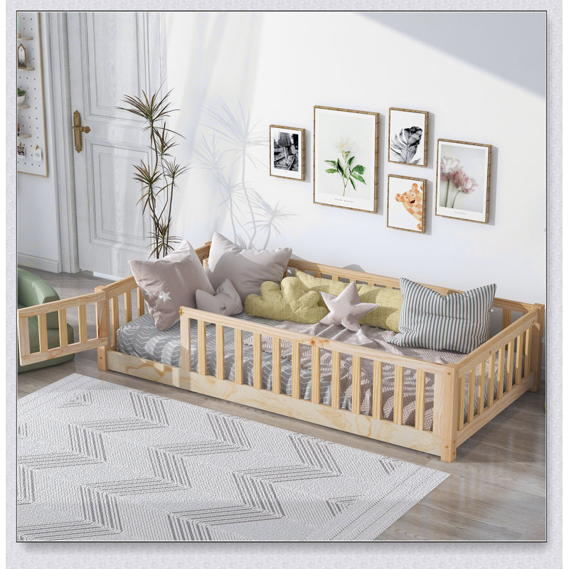 Lit plateforme au sol avec garde-corps et porte, Naturel, Lit simple
