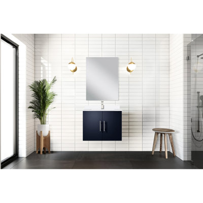22 po D Meuble-lavabo bleu marine - 24 W, comptoir en quartz blanc, miroir, unité de rangement design X po, inclus