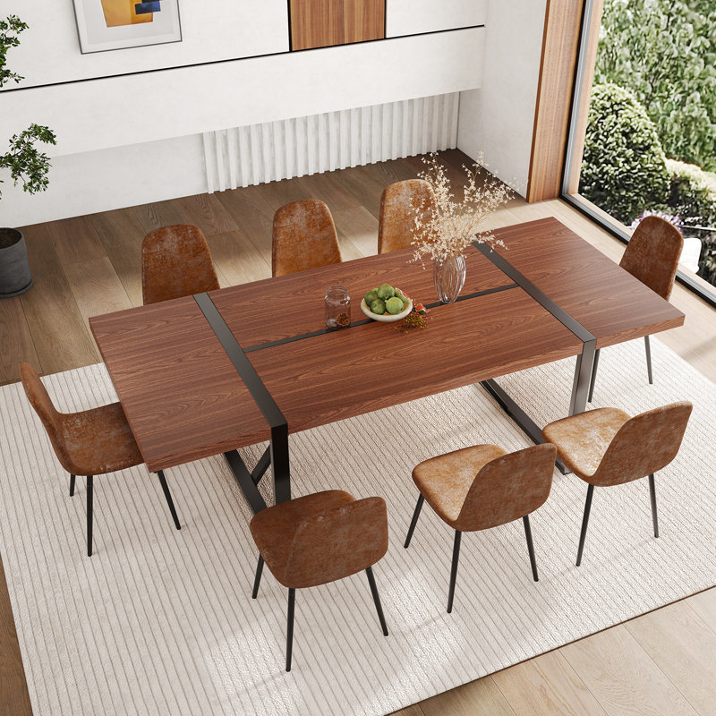 Ensemble de table de salle à manger en bois 87 po avec chaise rembourrée en cuir PU, Brun, 9 pièces : table, 8 chaises
