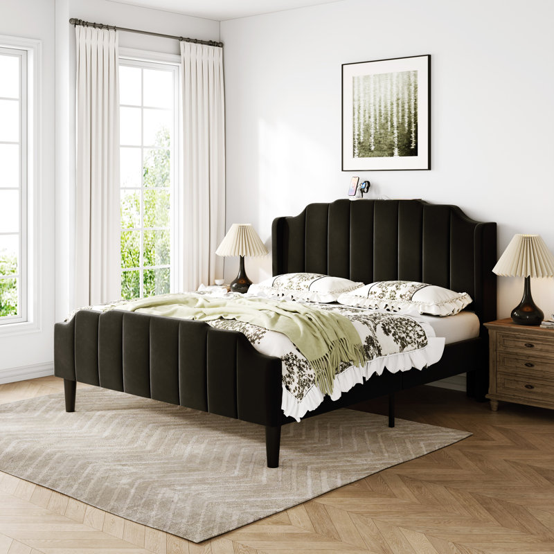 Modern Velvet Upholstered Platform Bed With Curved Headboard,Charging Station, Black, Queen