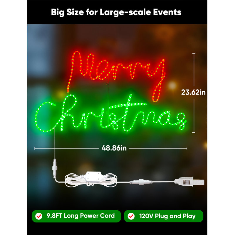 Leionna d'extérieur 48 pouces Merry Christmas, H 23,6 po x l 48,9 po x P 1,2 po, Rouge / Vert