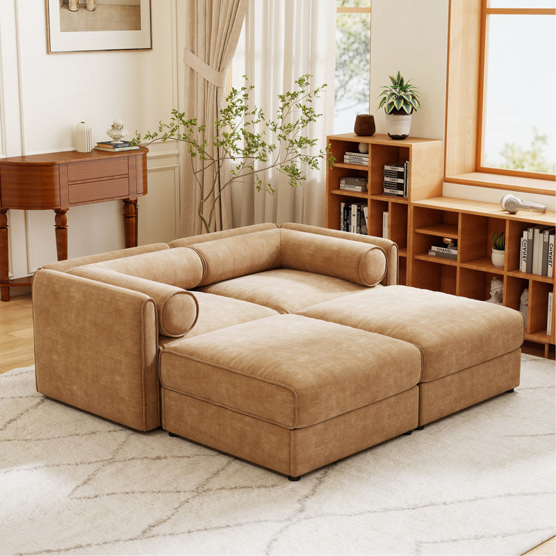 Stylish Camel  Chenille 2-Seater Sofa With 2 Ottoman Storage Seat, Cylindrical Backrest And Armrests, Modern Fabric Loveseat Featuring Hidden Storage Space