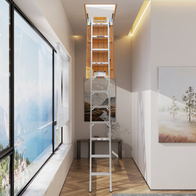 Aluminum Attic Ladder 350-Pound Capacity 22 1/2" X 54" Opening 7-10Ft Ceiling