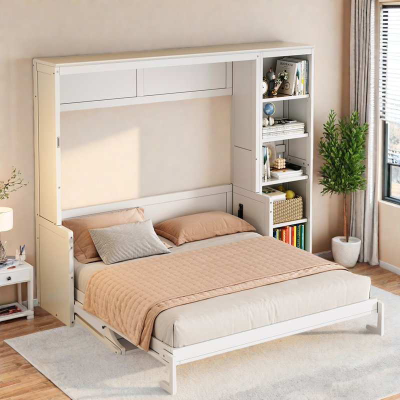 Lit escamotable avec bureau et tablettes Murphy, Blanc, Grand lit