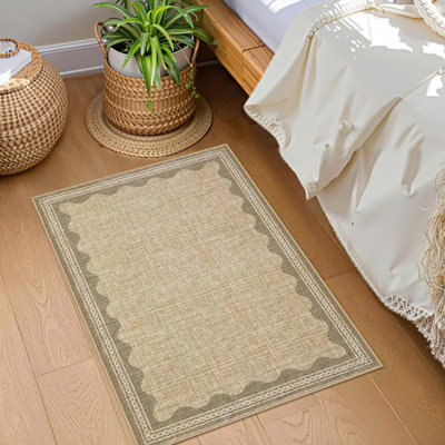 Door Mat Indoor Rugs For Entryway Scalloped Solid Tan Digital Printing Small Rug 2x3 Ft Washable Non-Slip Modern Soft Low-Pile Carpet For Bedroom Kitchen Entrance