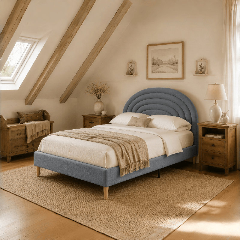 Lit tapissier festonné Halis, Double, Velours gris