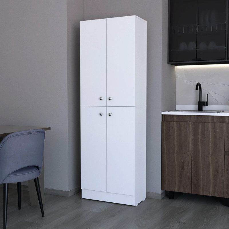 White Pantry Cabinet With 5 Shelves And 4 Doors For Functional Kitchen Hidden Elegant Home, White