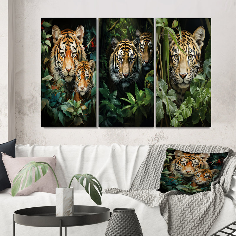 «Asian Art Tigers In Jungle», 3 pièces, Toile tendue, H 32 po x l 48 po