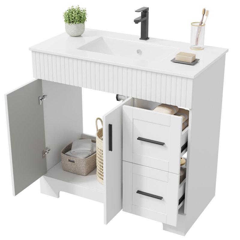 36" Single Bathroom Vanity With Ceramic Top And Faucet, Vanity With Drawers And 2 Doors Cabinet, White