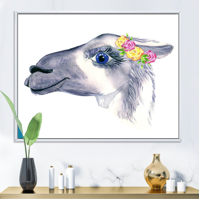 Adorable portrait de lama dessiné à la main - Art mural pour enfants, art sur toile, H 12 po x l 20 po x P 1 po