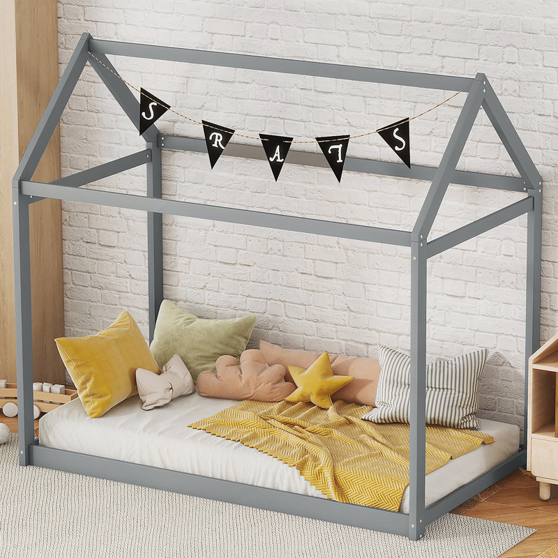 Lit maison en bois, Gris