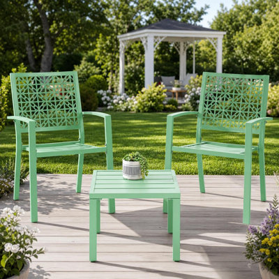 Set of 3 Stackable Outdoor Dining Chairs Armrests, Heavy-Duty Metal Patio Chairs, 300 LBS Capacity, Ergonomic Wide Seat, Green