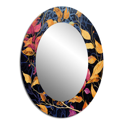 Or et breloque feuille rose en hiver I - décor de miroir mural ovale doré