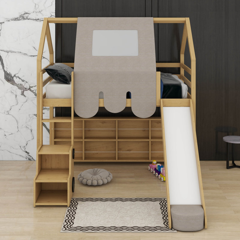 Lit mezzanine simple avec tente, Naturel / Beige