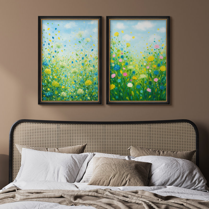 Ensemble de 2 décorations murales encadrées 26 "x 36" Bright Spring Meadow, Impression encadrée sans passe-partout, Noir