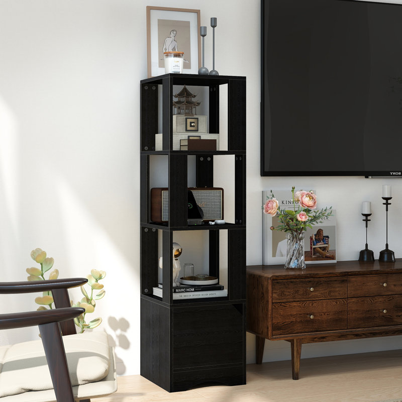 Tall Narrow Storage Tower with Enclosed Bottom Cabinet, Modern Vertical Bookshelf Open Display Rack, Space Saving Organizer Unit for Living Room Bathroom Adult Home Décor