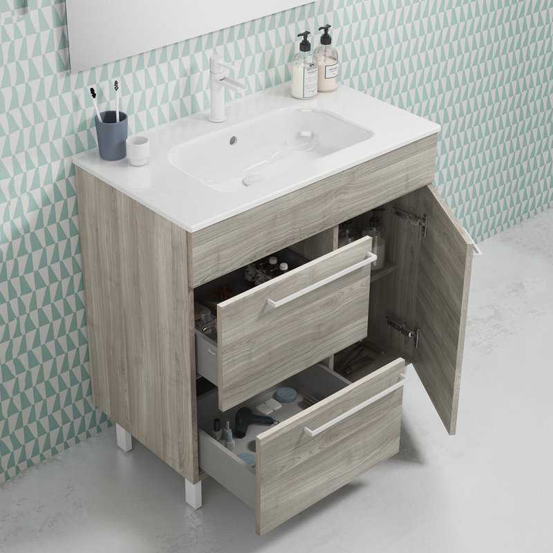 23.6'' Single Bathroom Vanity with Ceramic Top with Mirror, Sandy Gray