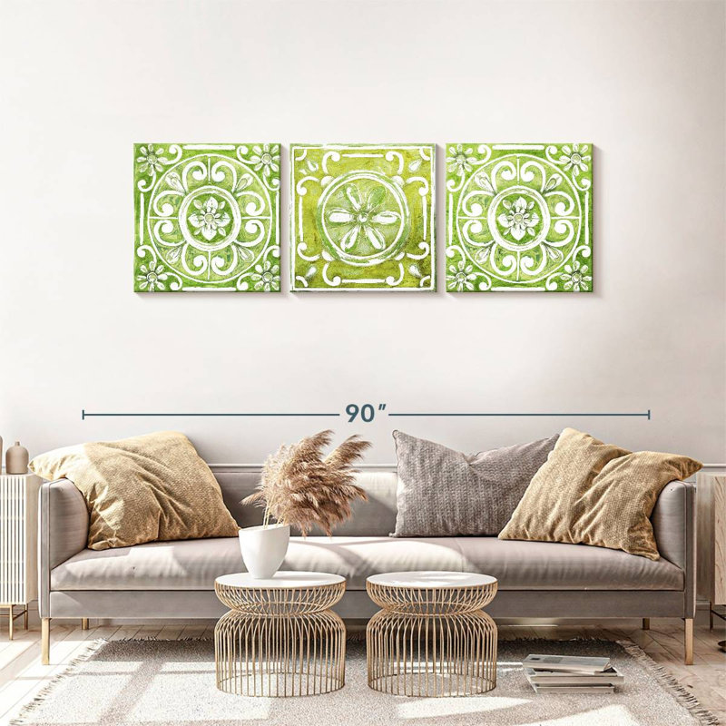 Motif de tuiles ornementales vertes, ensemble de 3 pièces sur toile par Lulu, H 24 po x l 74 po x P 1,25 po