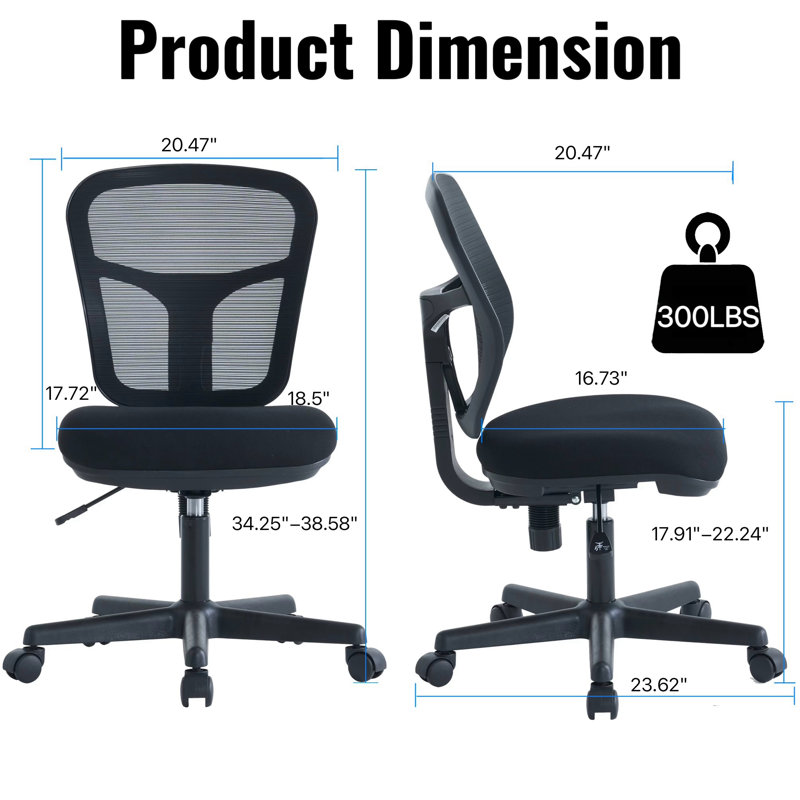 Small Armless Office Chair, Swivel Desk Chair with Mesh Back & Padded Seat, Space-Saving Modern Task Chair for Compact office