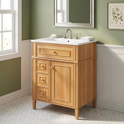 24" Bath Vanity with Sink, Wood Vanity Cabinet with Flip-Out Drawer, 2 Soft-Close Drawers, 1 Soft-Close Door, Solid Wood & MDF, Elegant Wood Handles