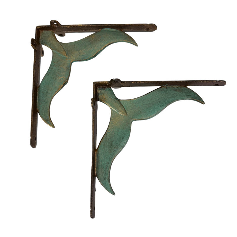 Martika coastal whale tail cast iron shelf brackets and planter holders in sea green verdigris, set of 2 — 7.75 inches long