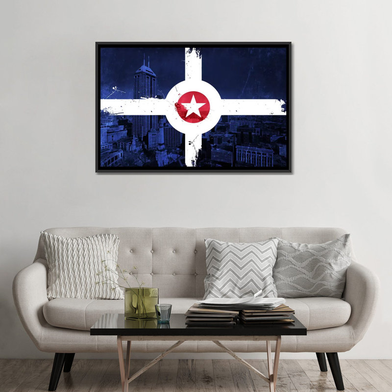Indianapolis drapeau, city horizon, impression sur toile, H 18 po x l 26 po x P 1,5 po, Toile avec cadre noir, Pas de tapis