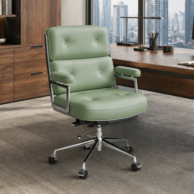 Chaise de bureau pivotante en cuir véritable avec base en aluminium