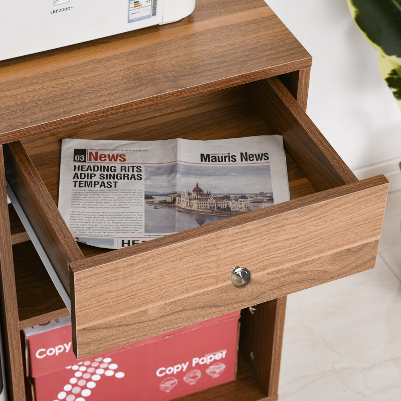Walnut Particleboard Rolling Printer Stand with Drawer and Shelves