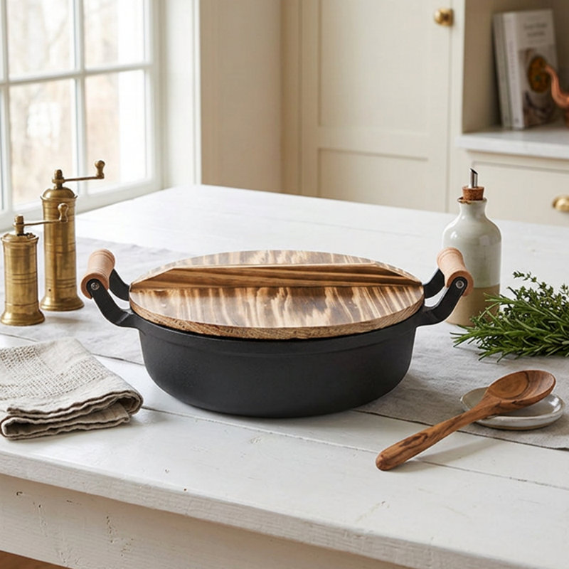 Cocotte en fonte épaisse et robuste avec couvercle en bois et double poignée ; construction durable en fonte, idéale pour de multiples préparations culinaires comme les mijotés, les braisés et les fritures ; fond plat non revêtu : un ustensile de cuisine pratique et indispensable.