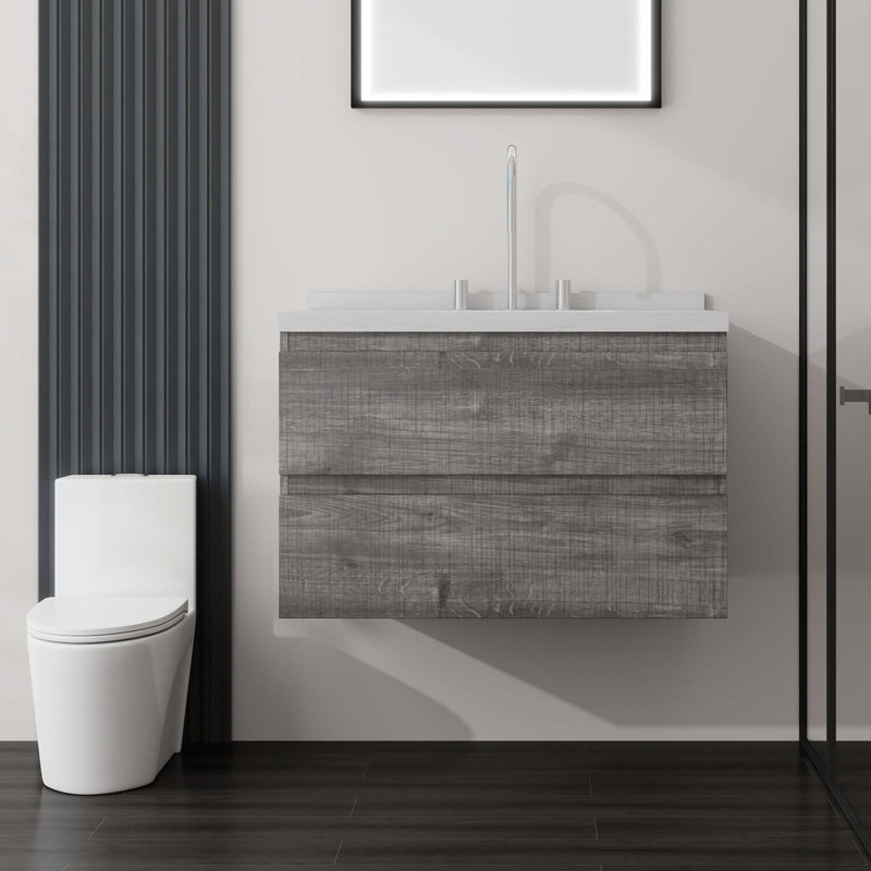 Meuble-lavabo flottant élégant avec comptoir en marbre de culture et tiroir à fermeture en douceur, Grey