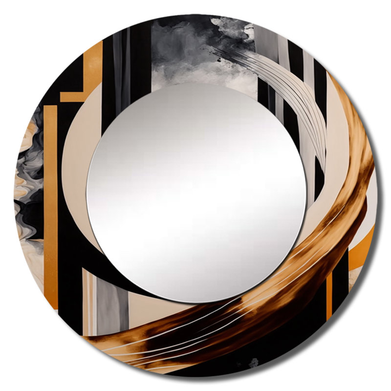 Shirene Gold Touch Art Deco I - miroir décoratif abstrait, miroir mural rond noir, impression d'art en métal, 23 po x 23 po