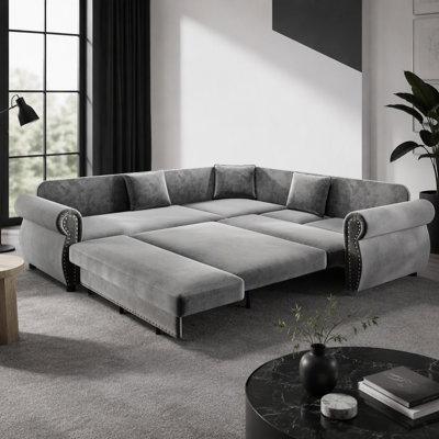 88.2"L-Shaped Sofa Couch with Pull-Out Bed,Oversize Convertible Sleeper Sofa with Nailhead Trim & Rolled Arm,Chenille Upholstered Sectional Couches, for Living Room, Apartment, Office,Light Grey