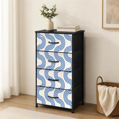 Commode à 4 tiroirs pour chambre à coucher avec lignes bleues ondulées et crème géométrique, abstrait et minimaliste