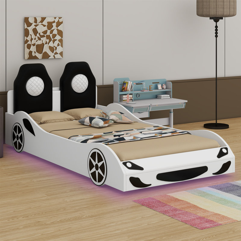 Wood Race Car-Shaped Platform Bed with LED and Upholstered Backrest, White
