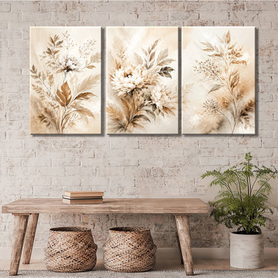 Set of 3 Earth Tone Vintage Floral Canvas Prints, Muted Sepia Watercolor White Peony Leaf Neutral Soft Minimal Wall Decor