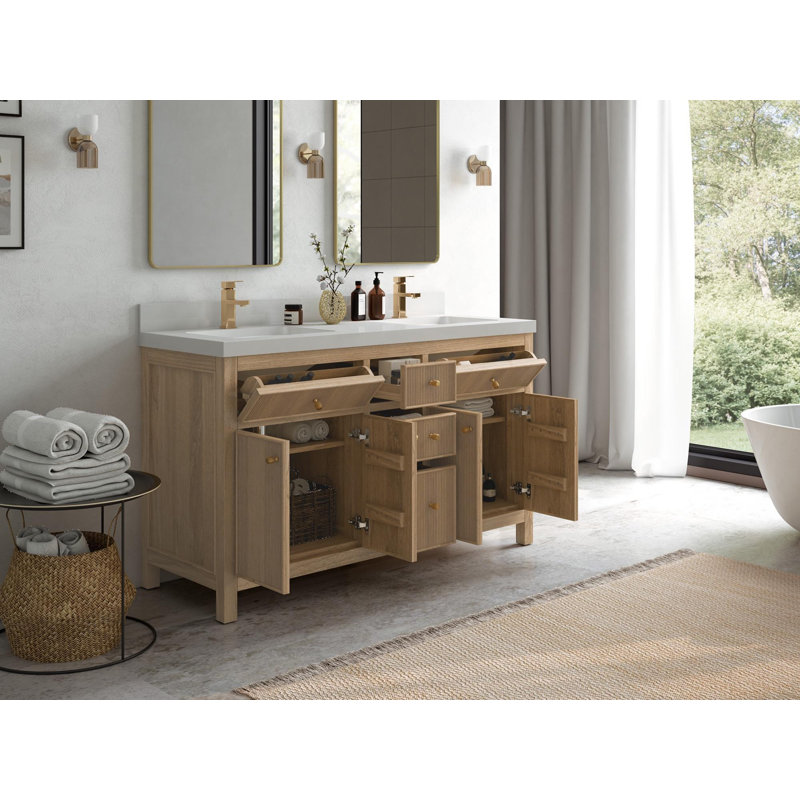 60'' Light Graywashed Teak Double Bathroom Vanity with Quartz Top