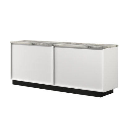 Console 63 po en faux marbre blanc, 4 portes, tablette réglable, base noire, empreinte de marbre de fabrication 63 po, contraste pour la fabrication