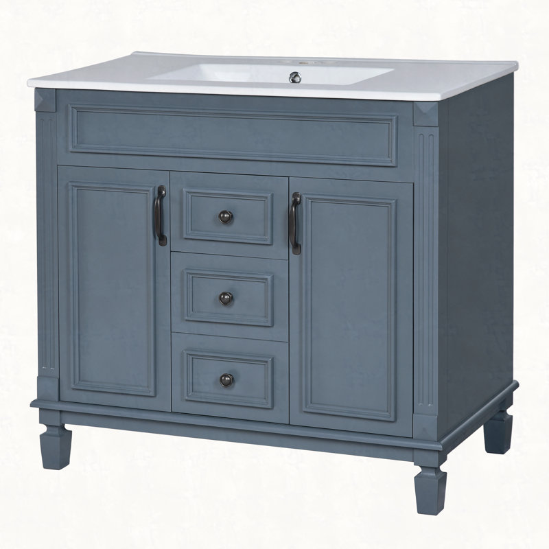 Meuble-lavabo 36 po avec lavabo supérieur, armoire de rangement moderne avec 2 portes à fermeture douce et 2 tiroirs, meuble-lavabo simple
