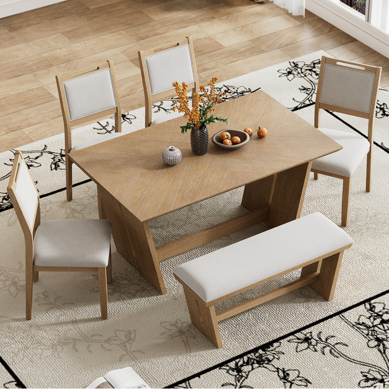 6-Piece Retro Dining Set, 1 Rectangular Table with 4 Upholstered Chairs and 1 Bench, Natural Wood Wash