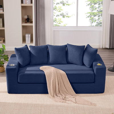 2-In-1 Convertible Sleeper Couch,Modern Sofa , Floor Folding Couch,Corduroy ,5 Pillows,Side Pocket, Cup Holders,Apartment, Home Office, No Assembly,3 Seat,Blue
