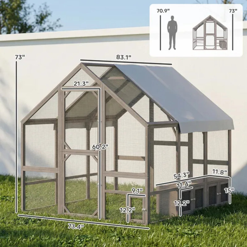 Grand poulailler en bois, poulailler d'extérieur avec enclos, boîtes de nidification et housse imperméable pour 8 à 10 poules