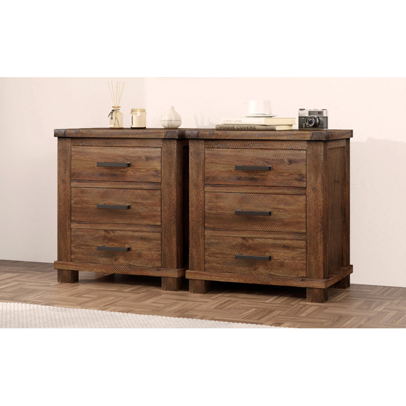 Rustic Three Drawer Reclaimed Solid Wood Farmhouse Nightstand Set Of Two