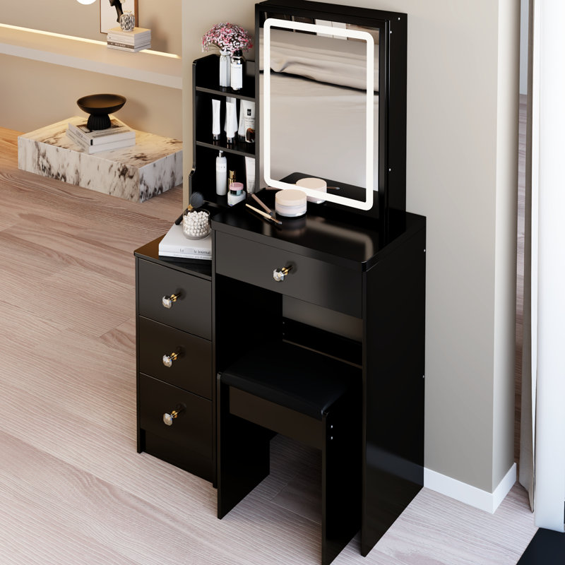 Table de chevet de 29,2 po de petite taille avec tabouret rembourré, miroir tricolore à changement de luminosité et luminosité réglable, rangement à grande capacité pour espaces, design américain, noir, DEL,