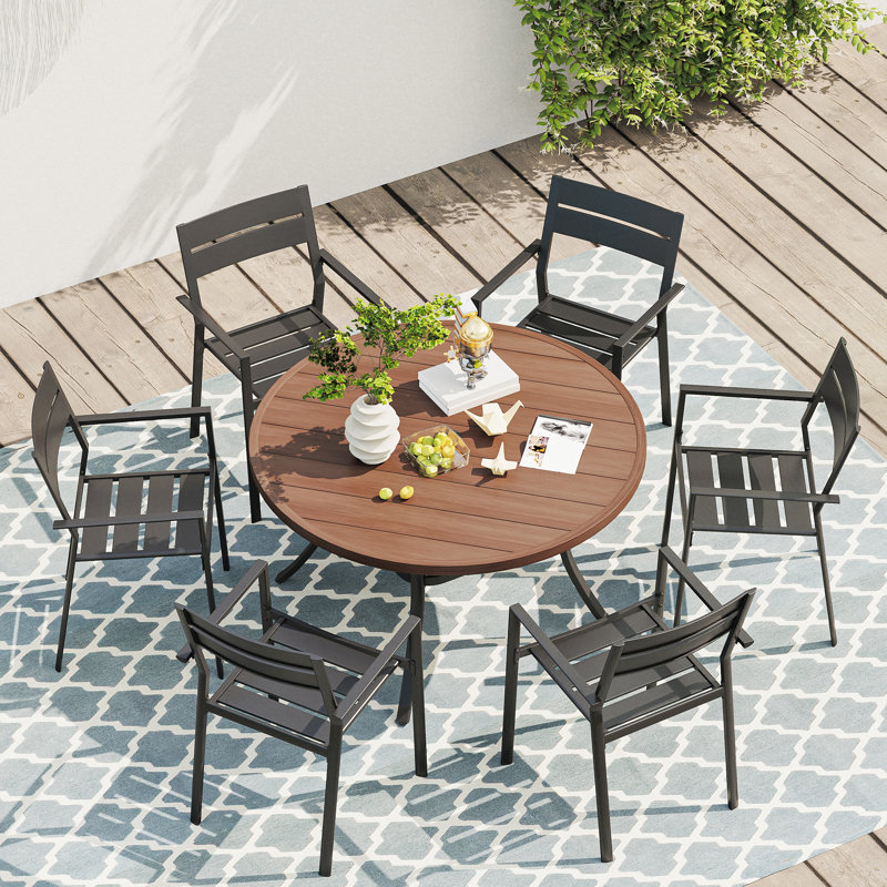 7 Pieces Patio Dining Table And Chairs Set, Brown/Black