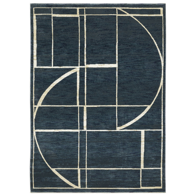 Tapis géométrique rayé bleu / ivoire Rayan, Rectangle 3 pi 3 po x 5 pi