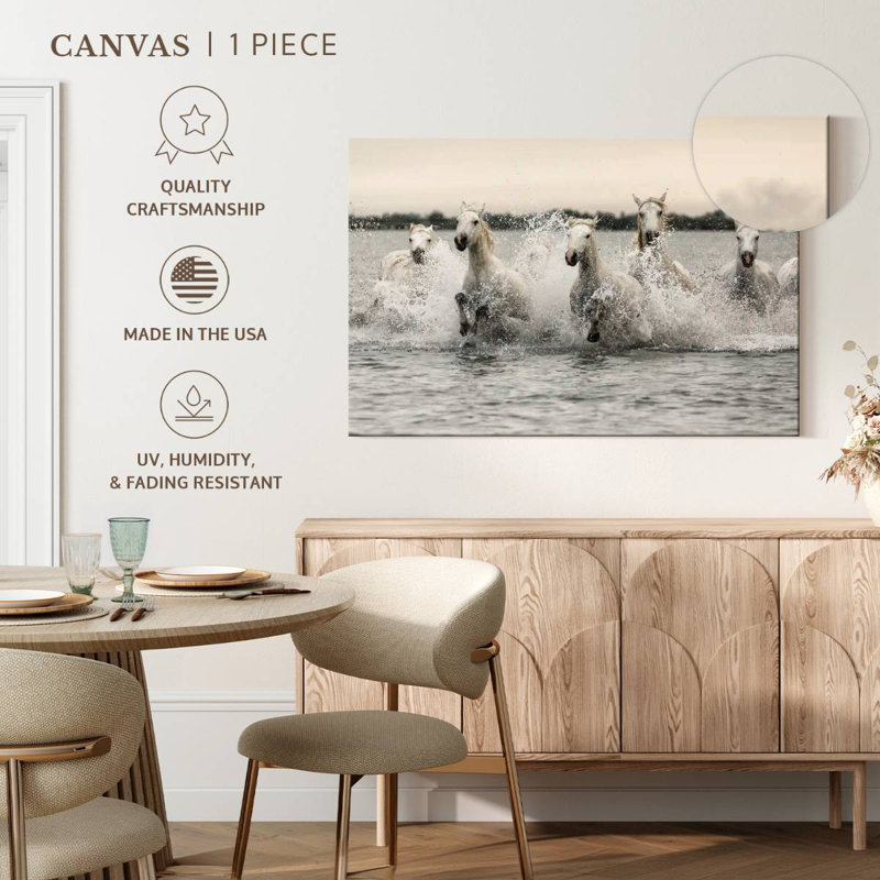 Brampt White Camargue Horses Running On The Beach III, 34" H x 51" W