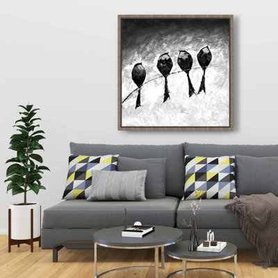 Quatre oiseaux perchés, art sur toile encadré gris monochrome