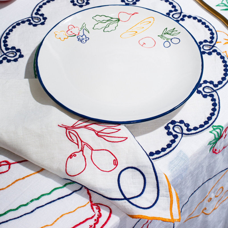 Fete Embroidered Linen Placemats, Blue/Green